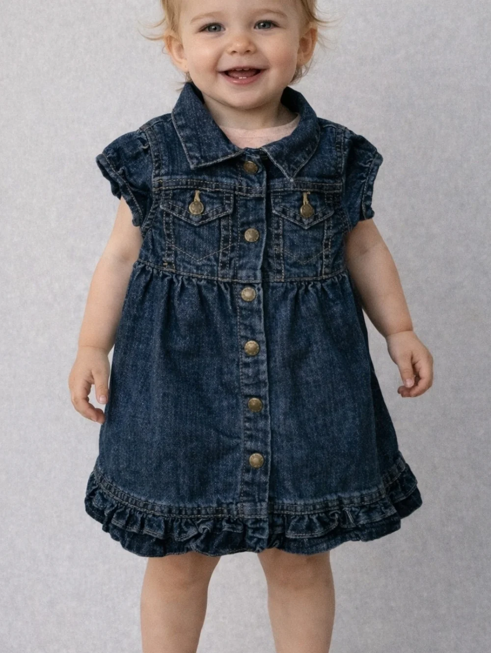 3/$30 VTG BABY GAP Western Denim Ruffle Summer Dress 9-12 Months